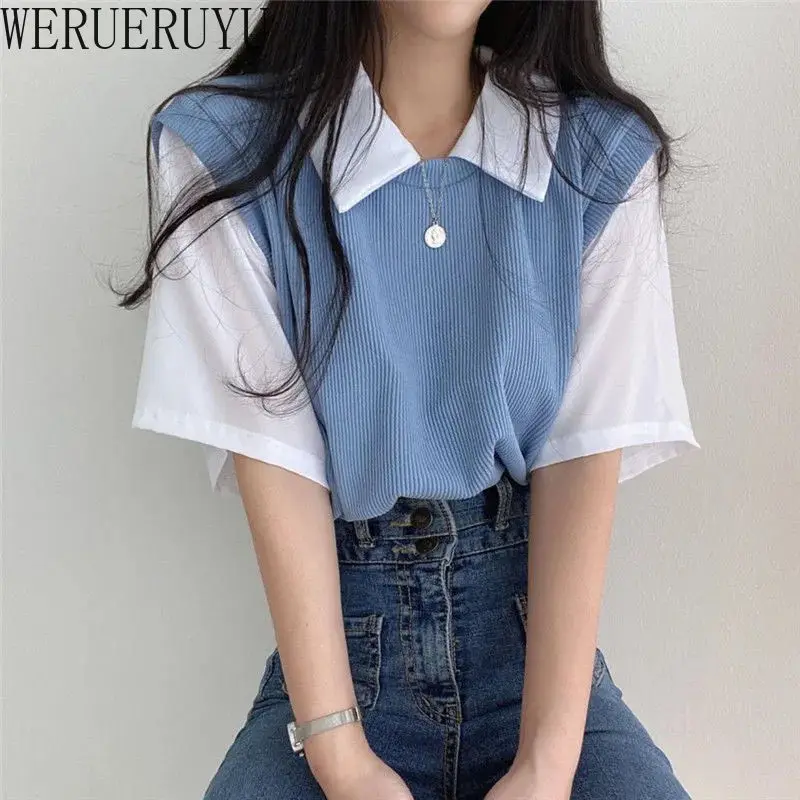Summer POLO Collar T-shirt Short Sleeve Y2k Top Womens Clothes Korean Fashion Youth Casual Loose Knitted T-shirts for Women 2024