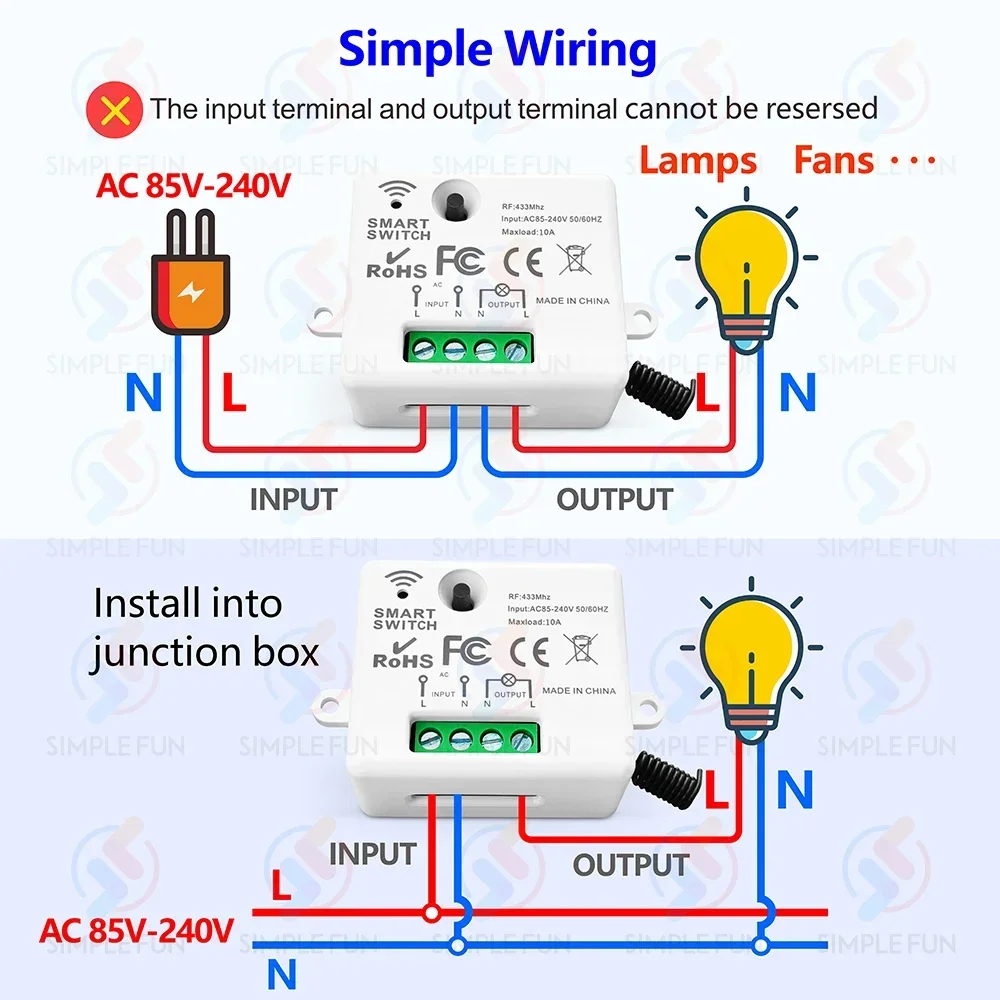 433Mhz Mini Wireless Remote Control Light Switch 220V 110V 10A,Wireless Wall Panel Switch,Mini RF Relay Module for Lamp Led Fan