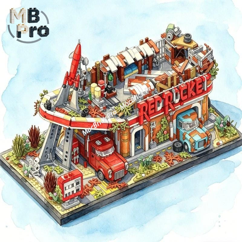 

Red Rocket Gas Station Wasteland Ruined Gas Stop MOC Building Blocks Post-Apocalyptic Service Station Model Set