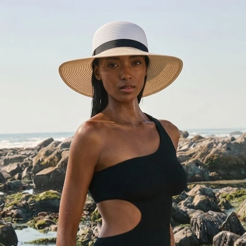 Elegant Two-Tone Sun Hat Women Luxury Wide Large Brim Straw Cap Chic Beach Holiday Hat for One Piece Swimwear Matching 2026