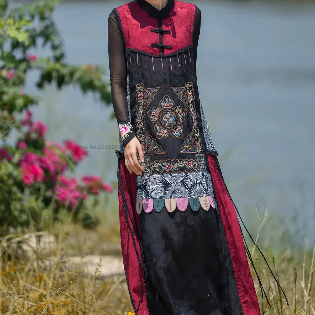 2024 hanfu dress national flower embroidery sleeveless sundress women patchwork loose dress oriental elegant folk dance dress