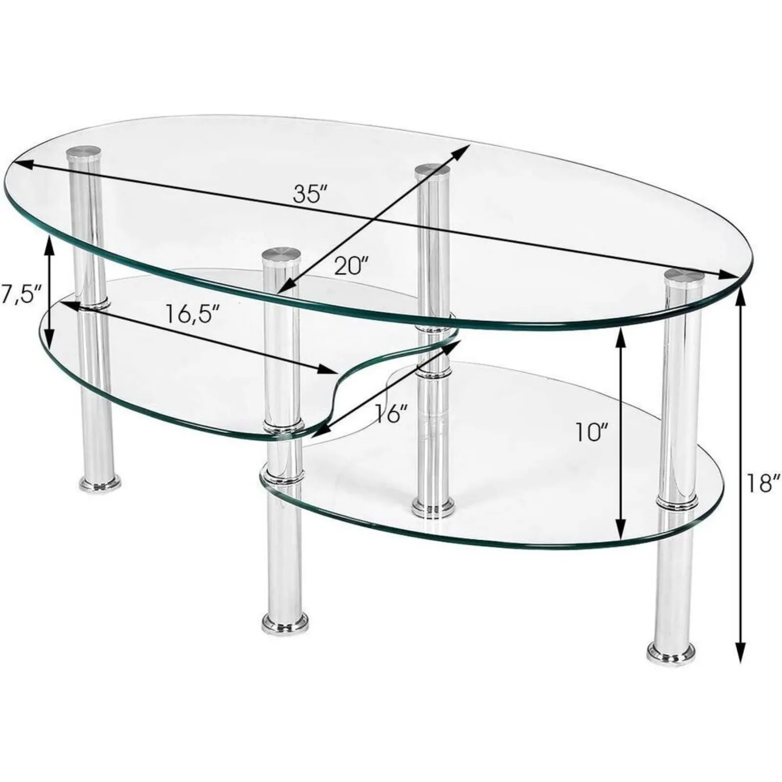 Mesa de centro de vidrio templado con estantes de almacenamiento, mesas modernas para sala de estar, EE. UU.