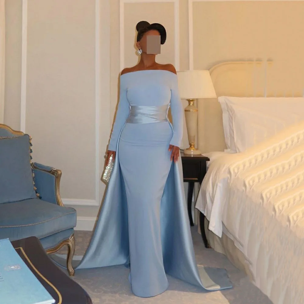 

Синее вечернее платье с длинными рукавами по индивидуальному заказу, атласное платье для выпускного с открытыми плечами и шлейфом Detachanle, элегантное вечернее платье для свадебной вечеринки