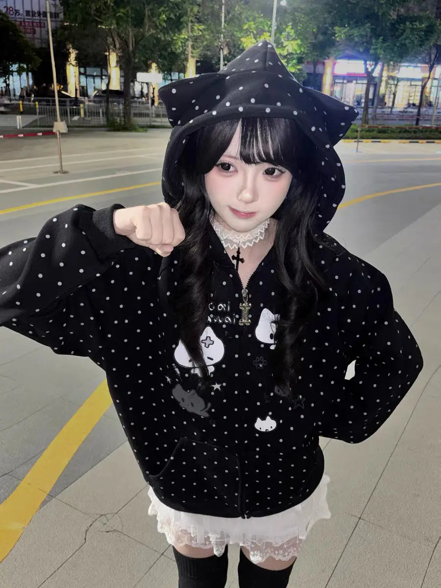 

Japan Thin Cute Coat For Women Japanese Two-Dimensional Cute Kitten Print Polka Dot Sweet And Cool Cat Ear Hooded Sweatshirt