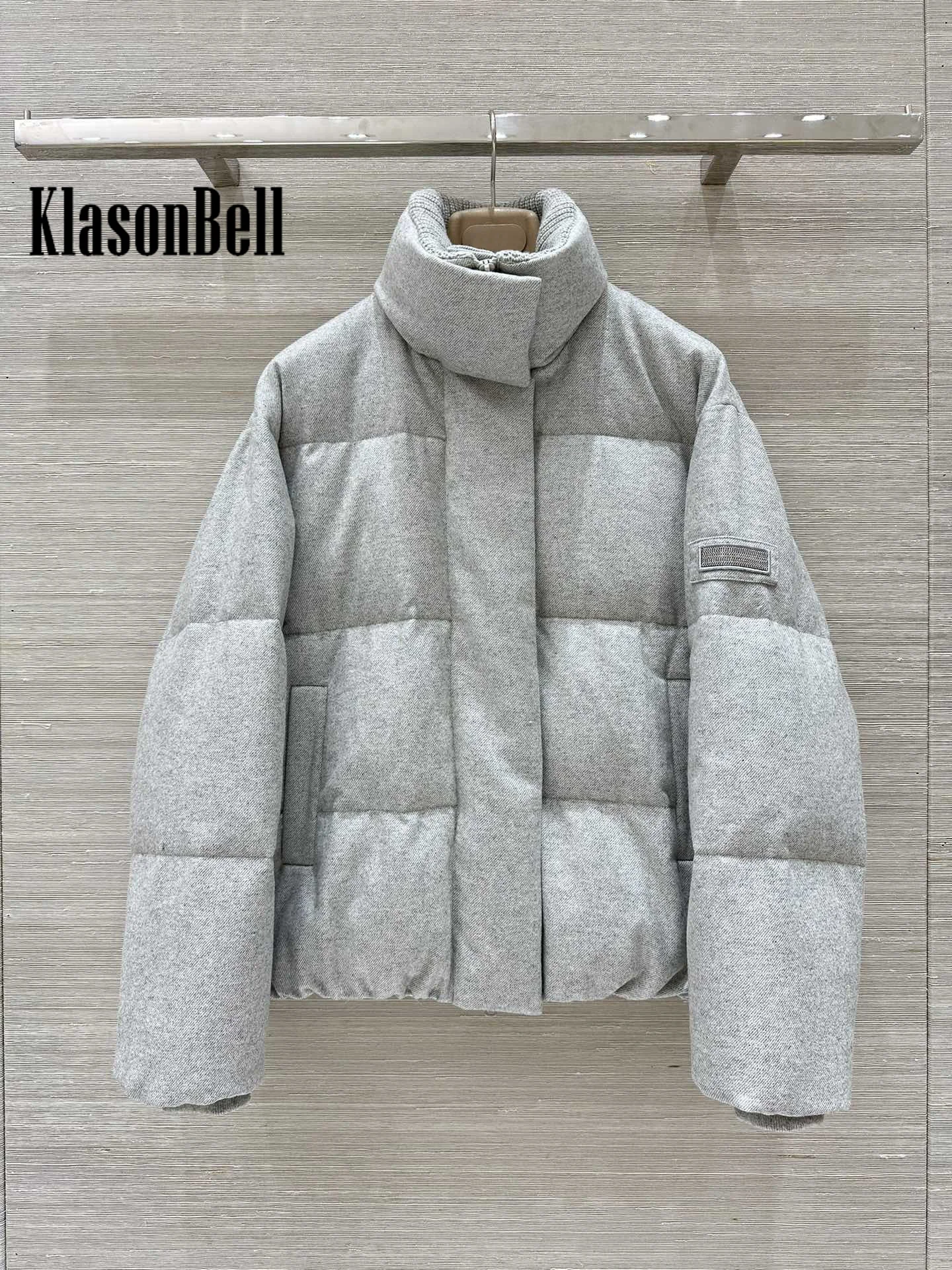 8.26 KlasonBell-Women Autumn Winter New Classic Bead Chain Wool Knit Spliced Stand Collar Down Jacket Bread Keep Warm Coat