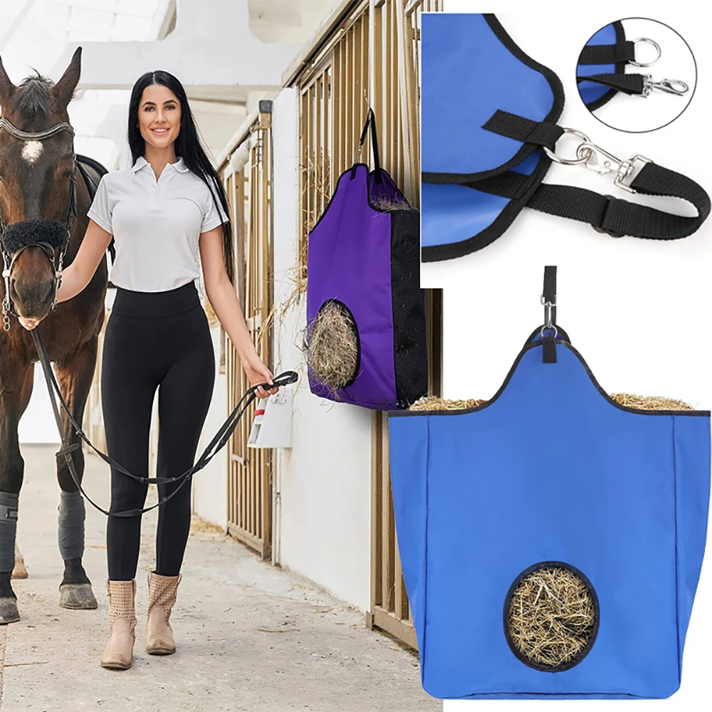 Bolsas de heno para caballos, alimentador fácil, gran capacidad, tela Oxford impermeable con cierre a presión de Metal y correa ajustable pesada