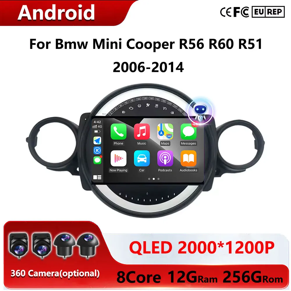Android Auto Carplay QLED pantalla Radio de coche para BMW Mini Cooper R56 R60 R51 2006 2007-2014 reproductor de vídeo Multimedia navegación GPS
