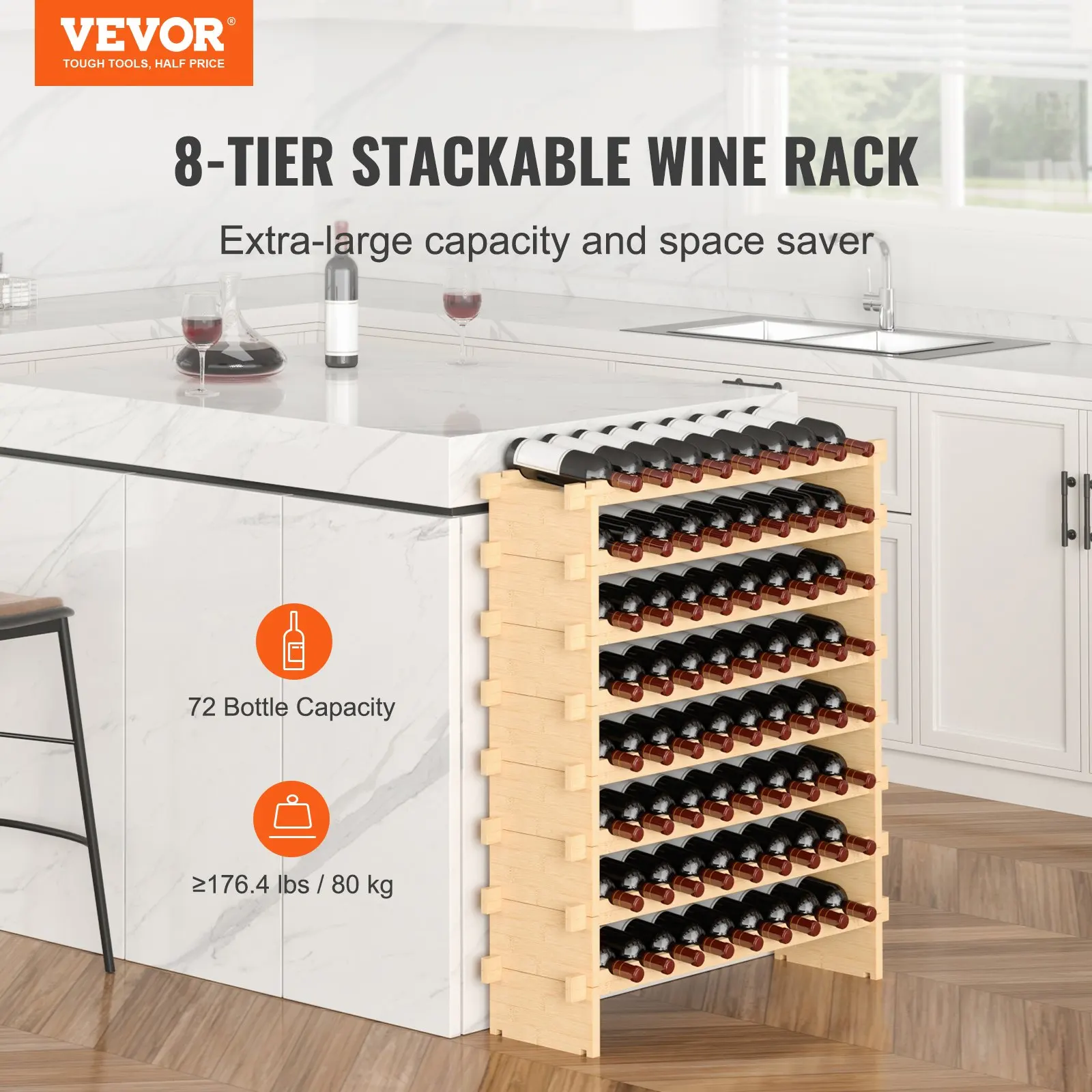 

72 Bottle Stackable Modular Wine Rack Bamboo Wood Display Shelf 8-Tier