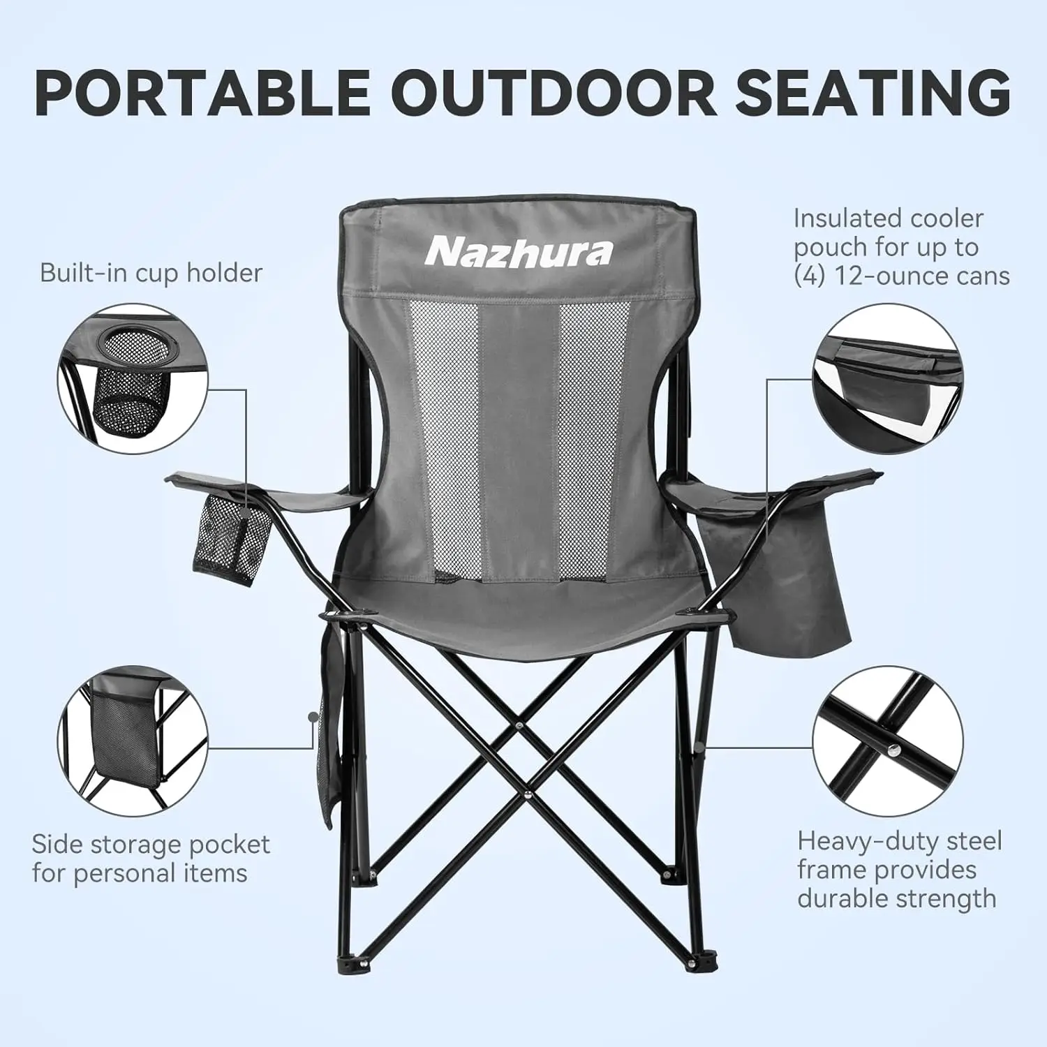 4 Pack Outdoor Camping Chairs Folding/Foldable/Portable with Cooler Pouch, Mesh Backrest and Cup Holder Pocket(Grey) (Grey, 4 Pa