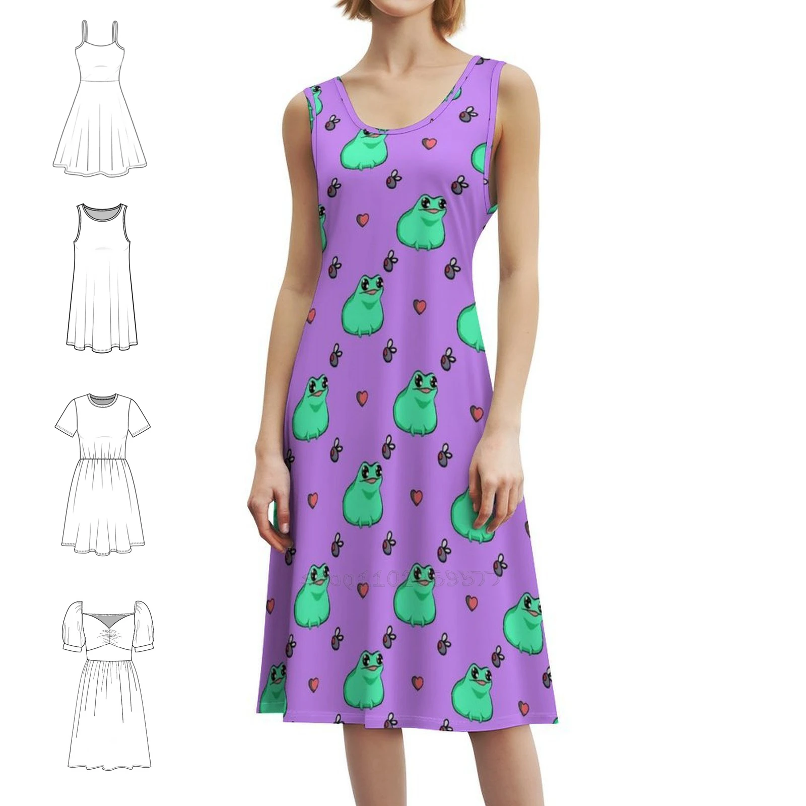 

Повторяющий принт в виде лягушки в форме сердца и лета (фиолетового цвета), богемное платье без рукавов с несколькими принтами, пляжное праздничное платье с милой лягушкой-лайтом