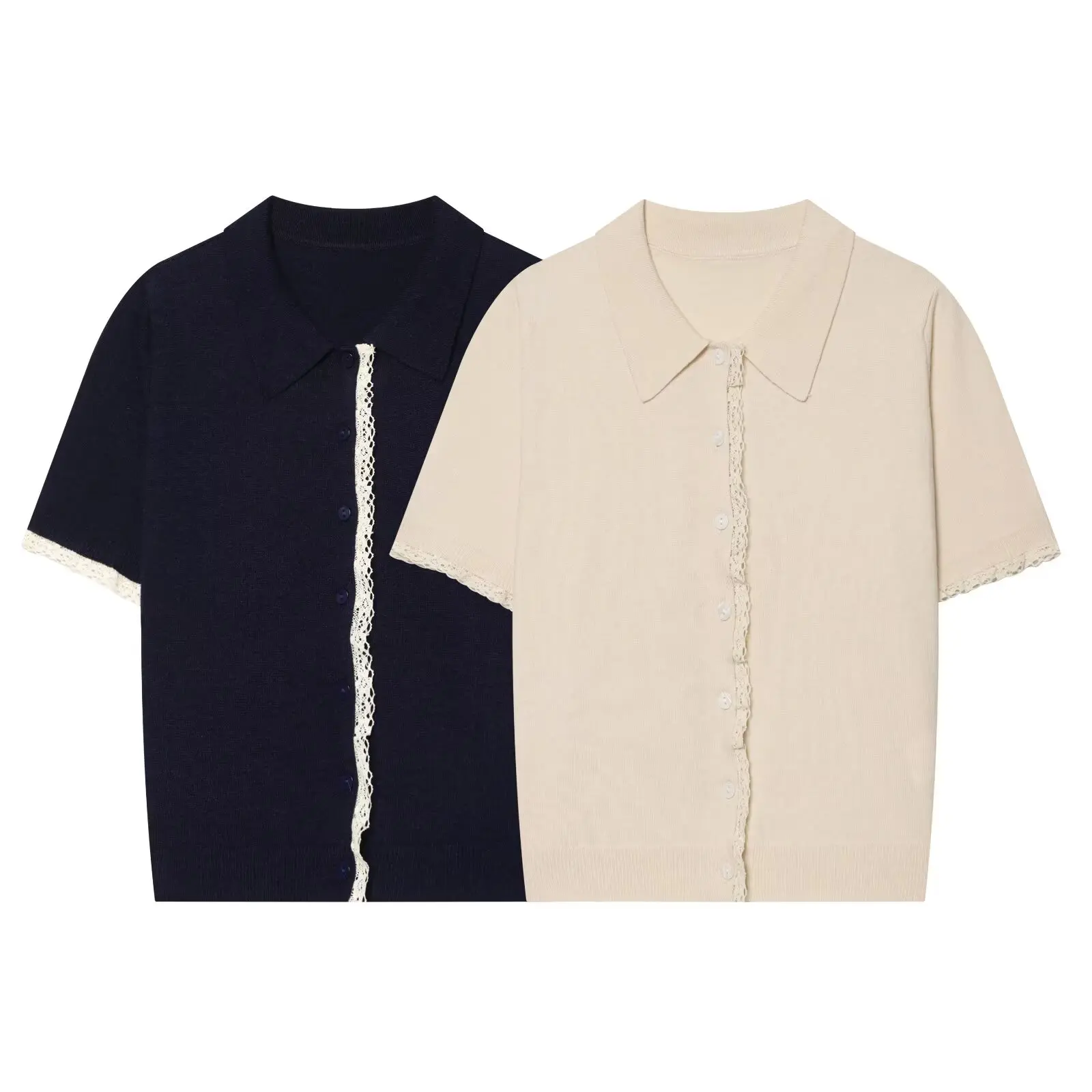 WMXZ Summer New Women's Casual Style Short Sleeve Collar Color Block Lace Trim Knitted Jacket Open Cardigan Knitwear