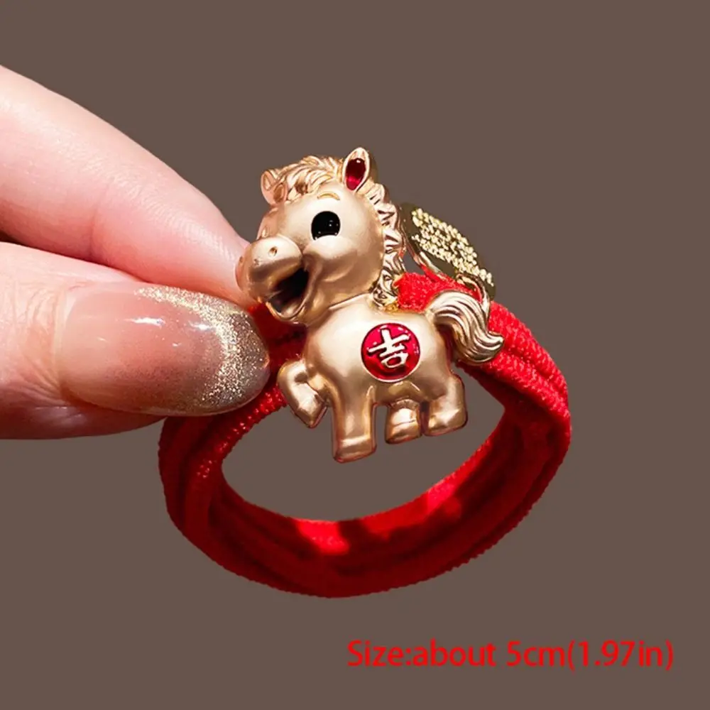 لطيف حبل أحمر السنة الجديدة الشعر الأحمر حبل سبيكة 2026 الحصان سنة الشعر الدائري النمط الصيني زودياك سنة الحصان العام شريط مطاطي الاطفال