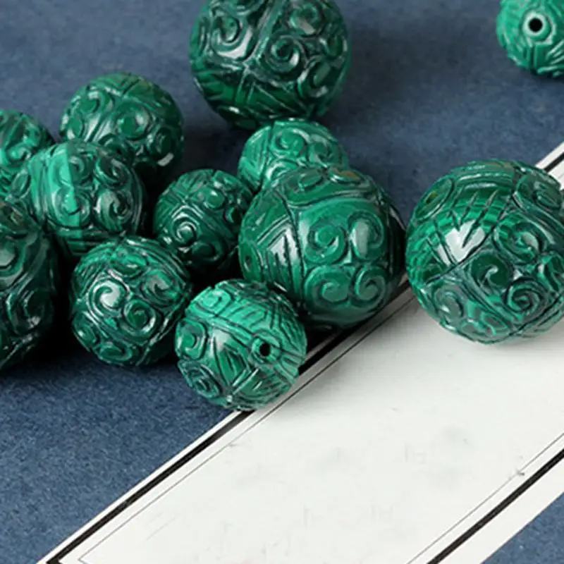 Natural Malachite Stone Carving Pattern Round Shape Loose Beads High Quality DIY Jewelry Accessories 1 Pcs yw54