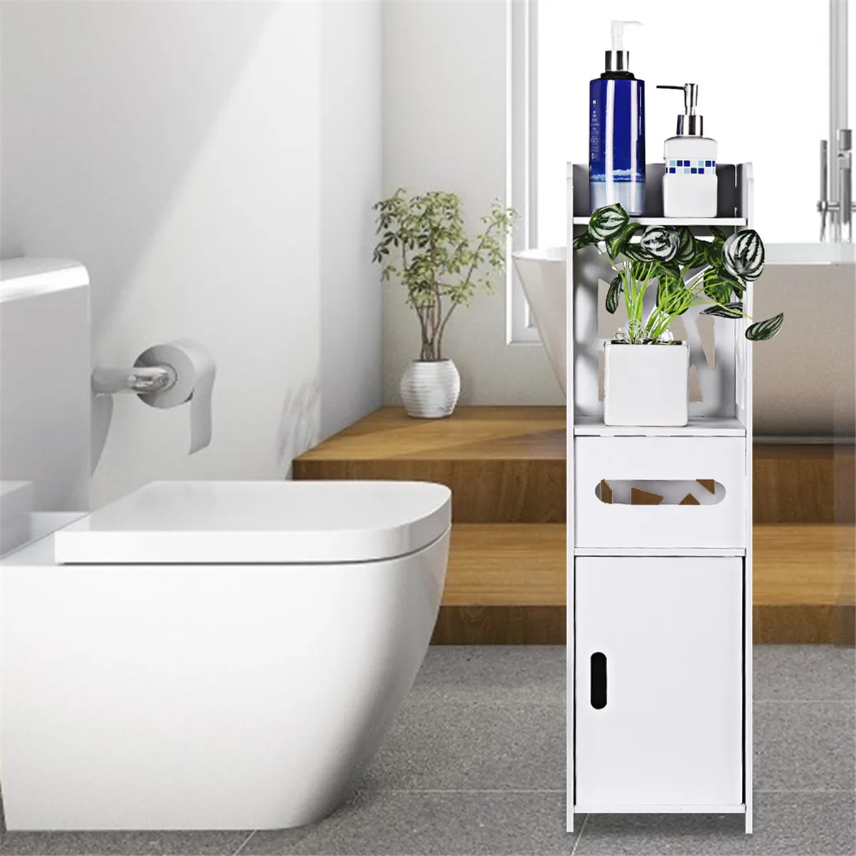 Bathroom Storage Corner Floor Standing Cabinet with Doors and Shelves Thin Toilet Vanity Cabinet Narrow Bath Sink Organizer