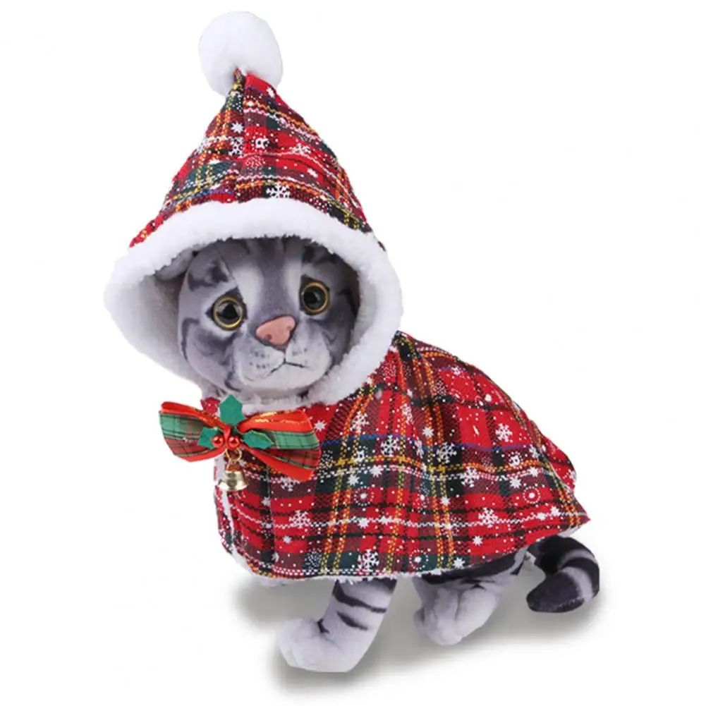 Roupa festiva de Natal para animais de estimação Elegante capa de Natal para animais de estimação Xadrez com estampa de floco de neve com gravata borboleta aconchegante com capuz para gatos