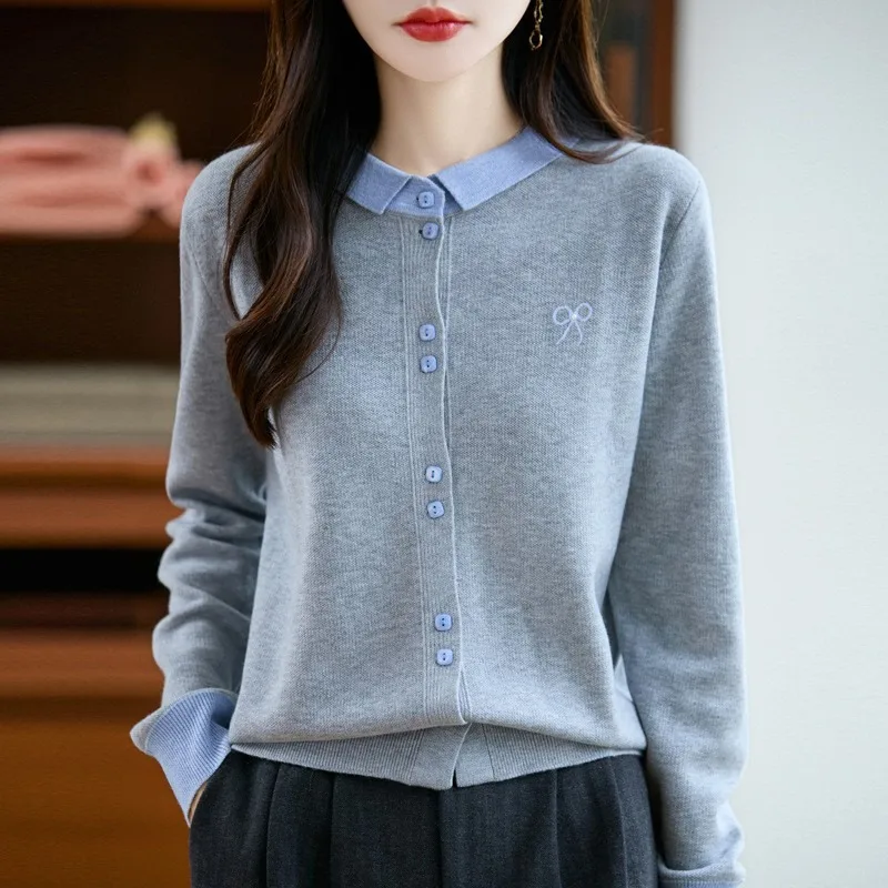 

Autumn New Color Block Polo Collar Wool Sweater Women's Slim Simple Woolen Cardigan