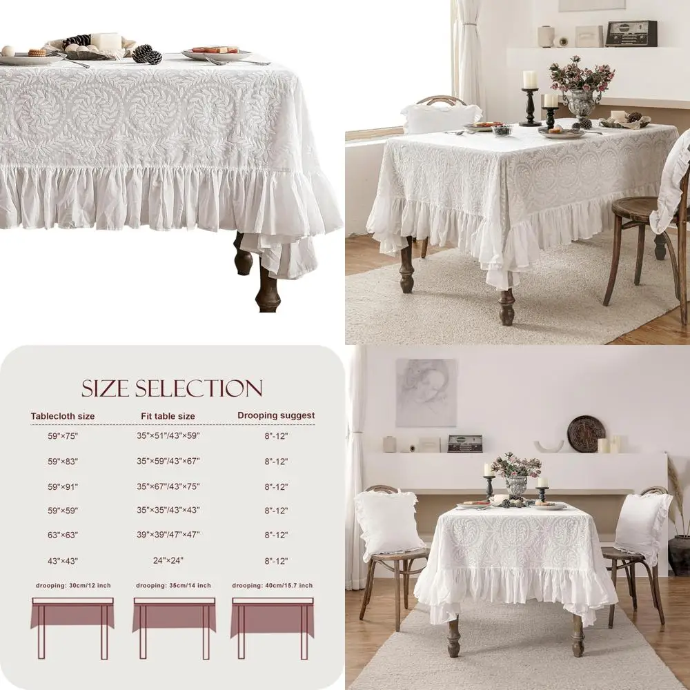 مفرش طاولة مكشكش مطرز بالقطن على طراز المزرعة - غطاء طاولة طعام مستطيل من الدانتيل الأبيض #1