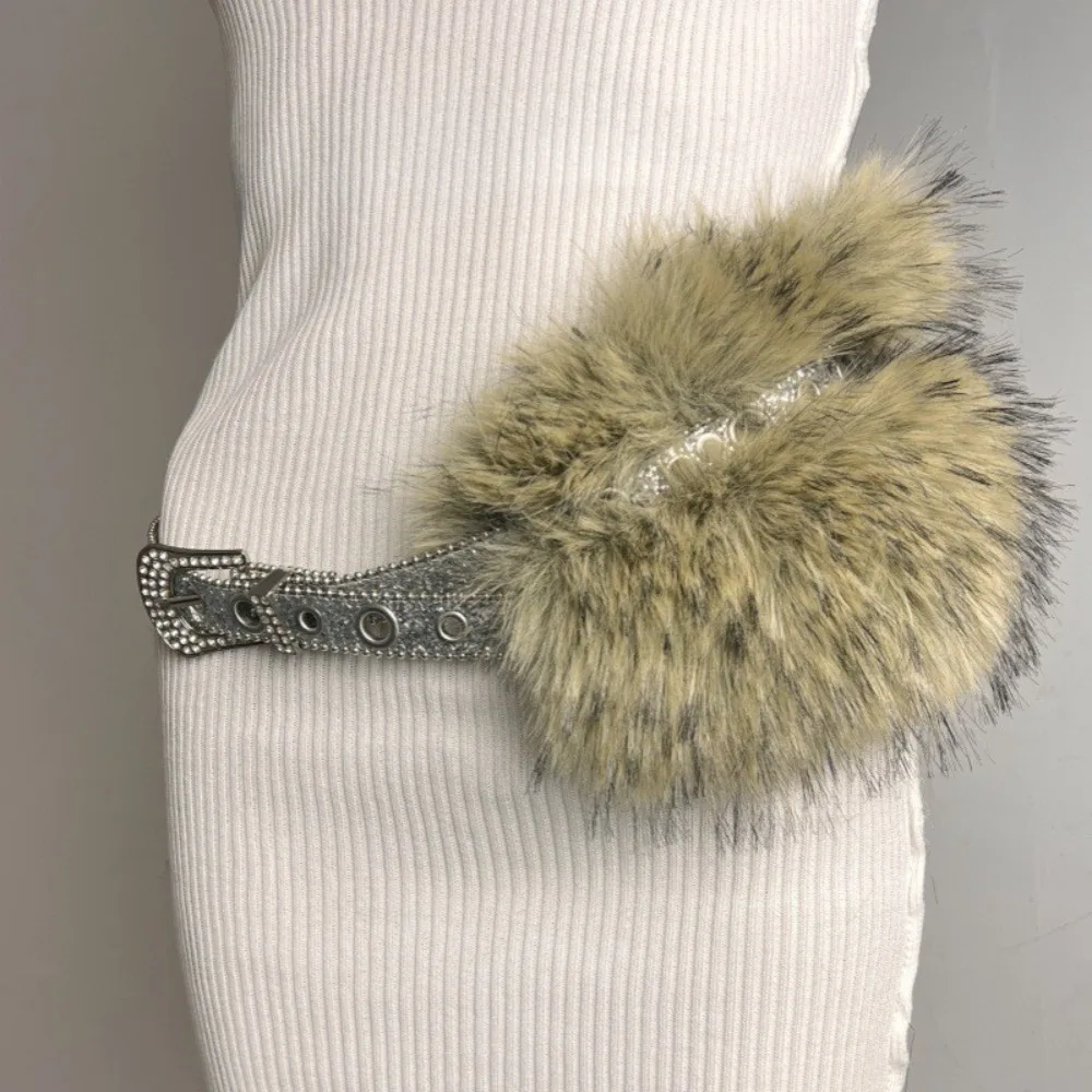 Personality Y2K Leather Fur Belt Rhinestone Spicy Girl Style Furry Waistband Punk Korean Style Waist Belt Daily