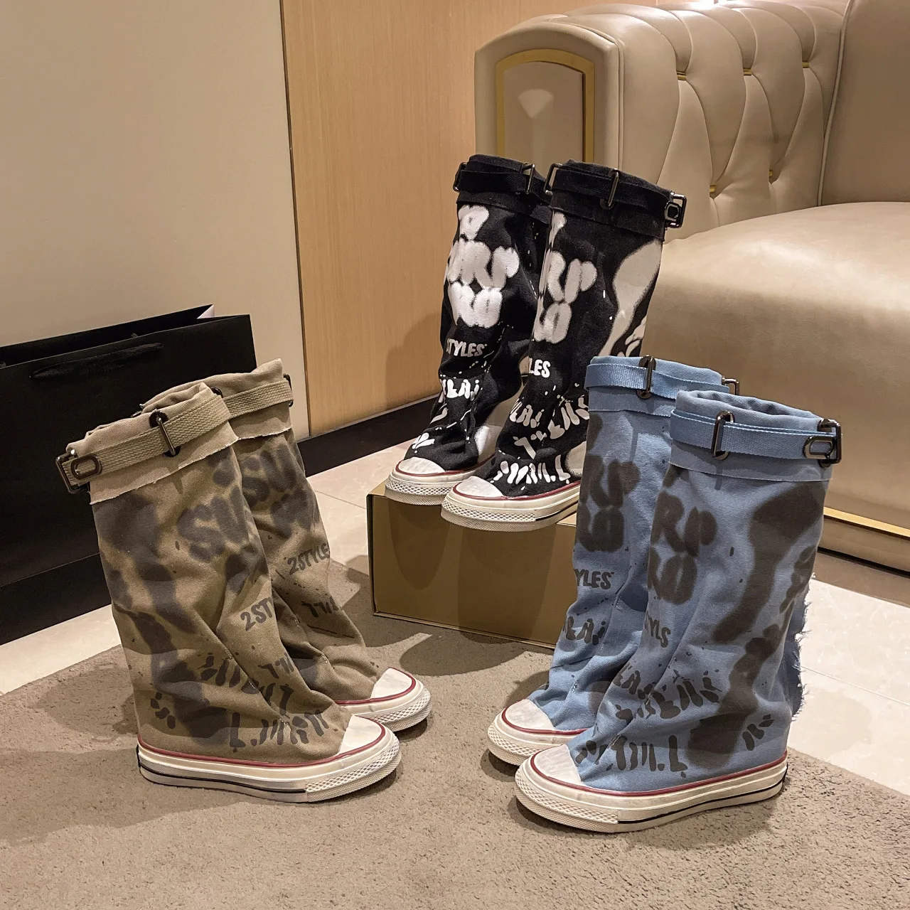 Distressed Boots Women New Vintage Flat Graffiti Mid Calf Sexy Trendy Stacked Fashion Long Canvas Boots Denim Pants Boots