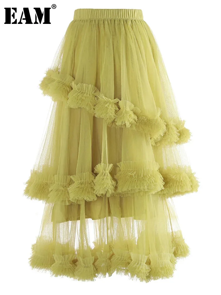 [EAM] High Elastic Waist Yellow Mesh Ruffles Irregular Holiday Half-body Skirt Women Fashion Tide New Spring Autumn 2024 1DH7242