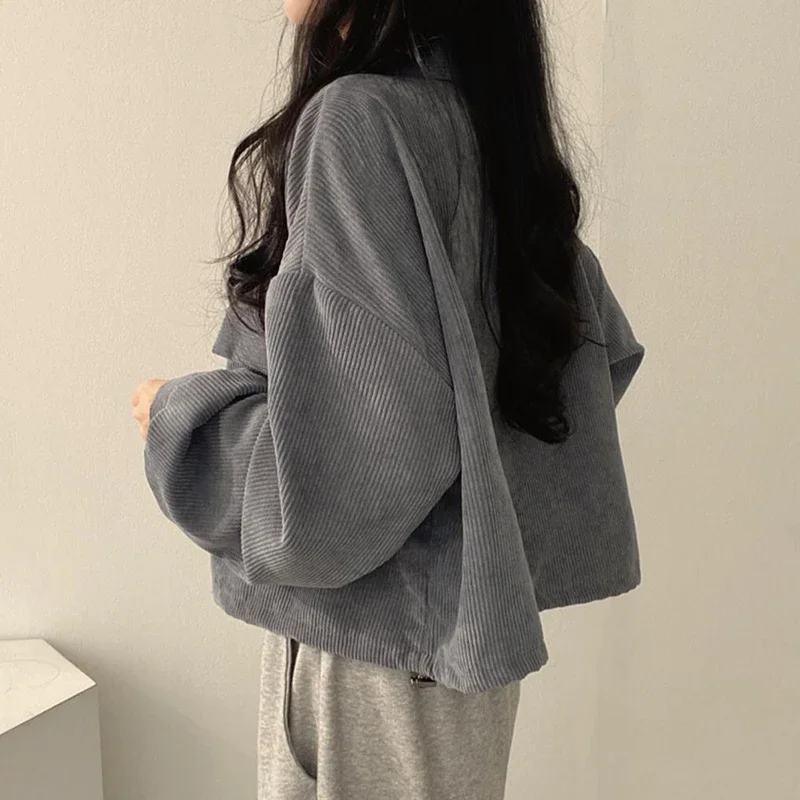 Lucyever-Blusa Retro de pana para mujer, Chaqueta corta con cuello vuelto y bolsillos, Top informal, Otoño, 2023