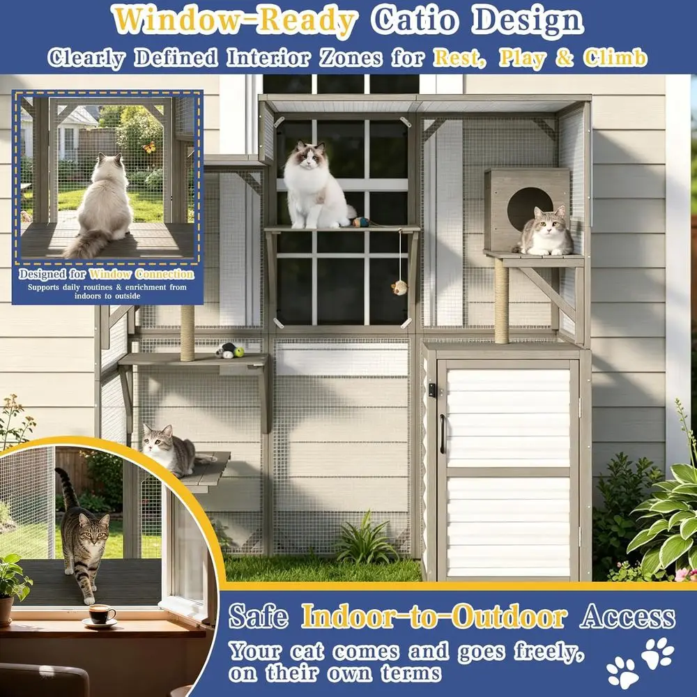 Large 67H Outdoor Walk-in Catio with Adjustable Cabinet, Wooden House, 7 Platforms, Resting Boxes, Scratching Posts, Roll-Up Doo