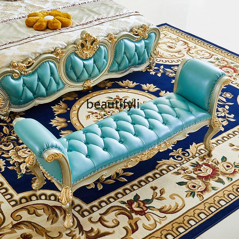 

European style bedside stool bedroom full solid wood carving flower bench leisure pastoral style bedside thickened leather stool