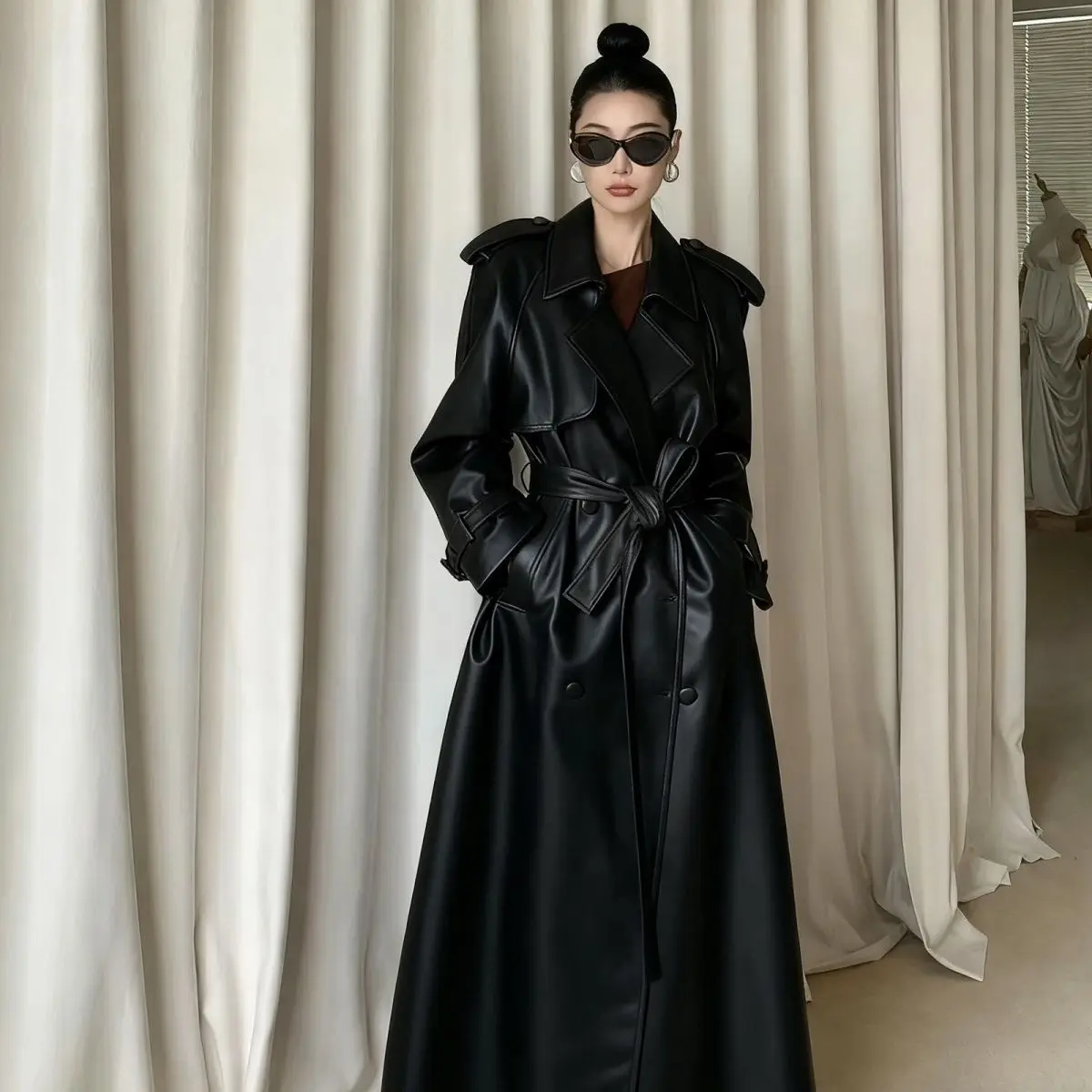 Elegant, High-End, Anti-Wrinkle, Loose-Fitting, Slimming, Coffee-Colored Trench Leather Jacket, Women's Long Coat, New Style For