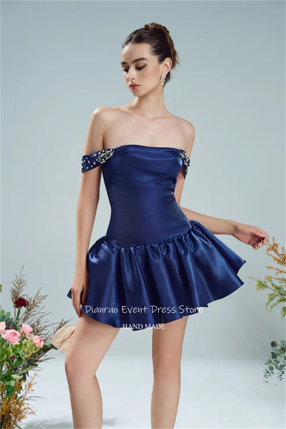 Dianruo ネイビーブルー スパークリークリスタル プロムドレス オフショルダー ミニ Aライン パーティードレス サテン ガーリー 15 キンセアニェーラドレス カスタマイズ