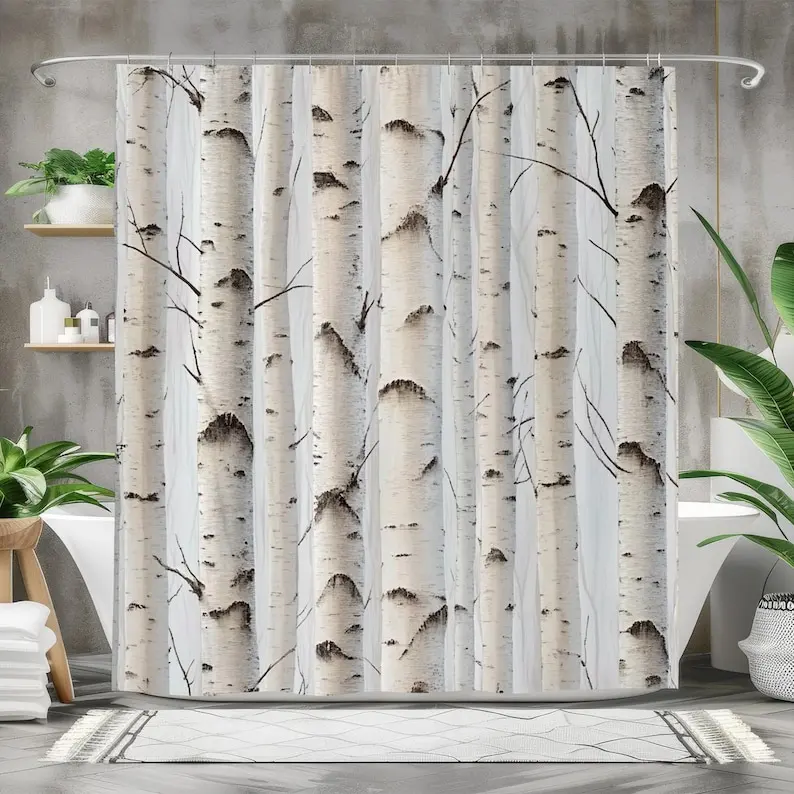 White Birch Tree Shower Curtain, Waterproof Fabric Bath Curtain, Nature-Inspired Bathroom Decor, Winter Forest Design
