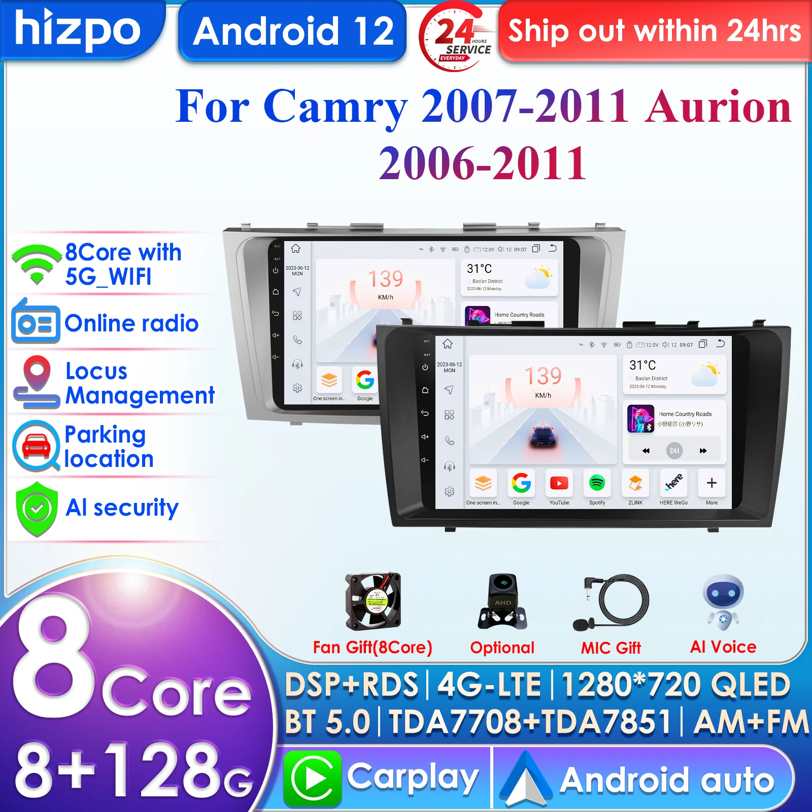 

Hizpo Carplay 4G-LTE 9''8+256 2din Android Car Radio for Toyota Camry 2007-2011 Aurion Multimedia Video Player Autoradio DSP RDS