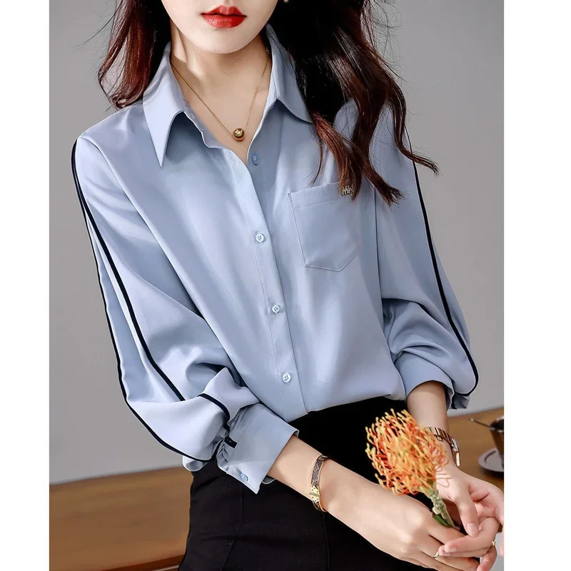 Spring New Simplicity Solid Shirt Tops Long Sleeve Polo Neck Contrast Loose All-match Blouse Temperament Fashion Women Clothing