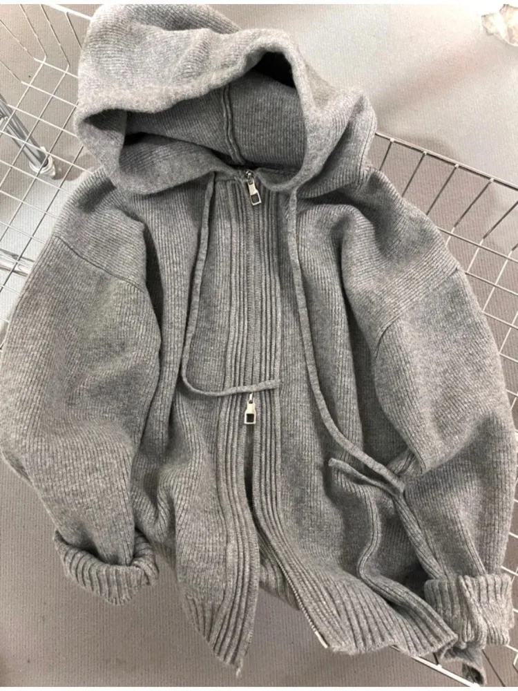 QWEEK Gray Knitted Knit Gray Zip Up Sweater Women Autumn 2024 Long Sleeve Cardigan Sumple Casual Loose Zipper Tops