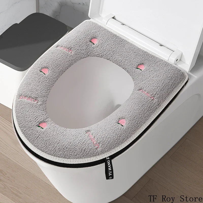 Peach Pattern Thickened Toilet Mat Universal Waterproof Zipper Embroidered Toilet Cover Home Toilet Seat Cushion Four Seasons