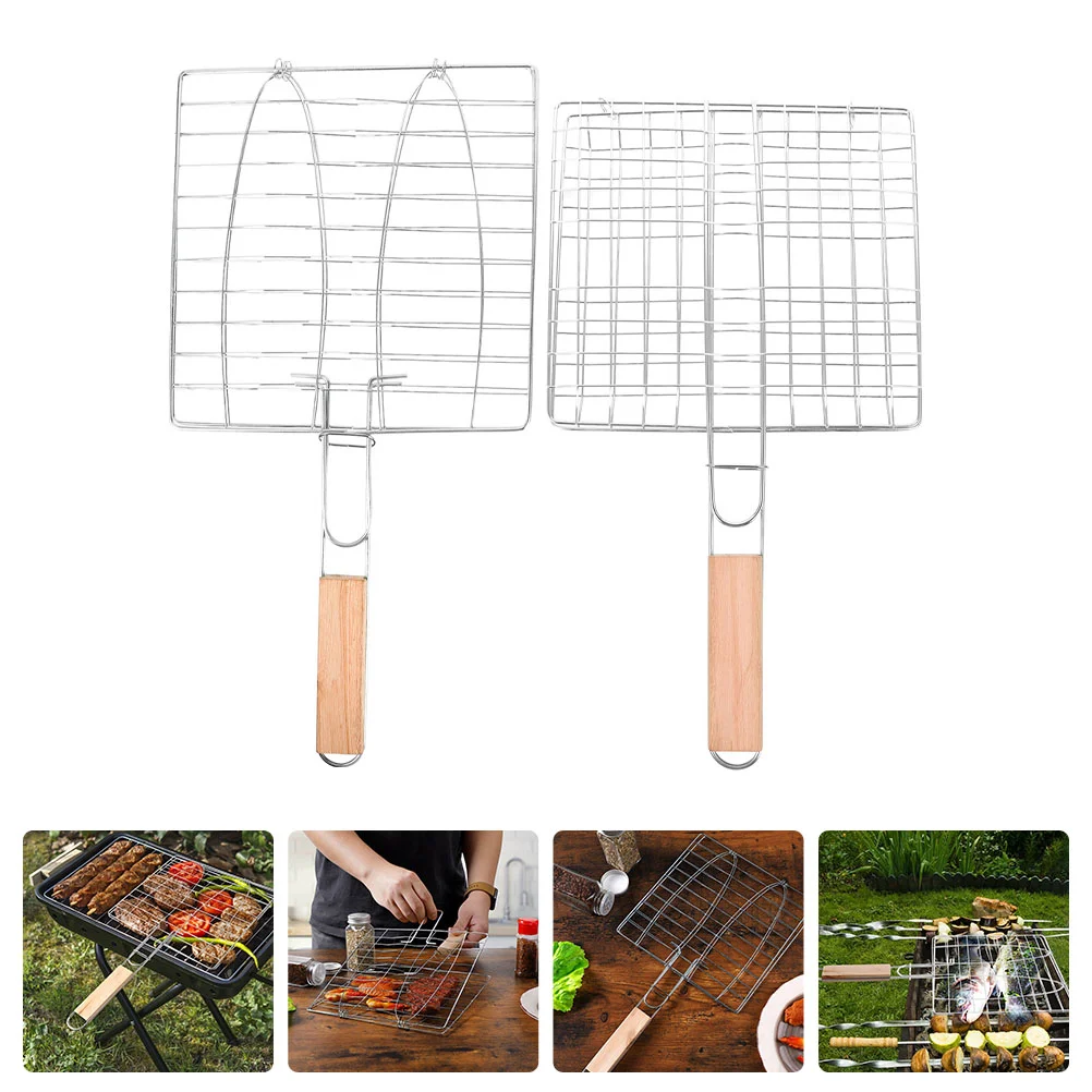 

2 Pcs Grilled Fishnet Outdoor Barbecue Vegetable Stainless Steel Nets Basket Camping BBQ Supplies Wooden Metal