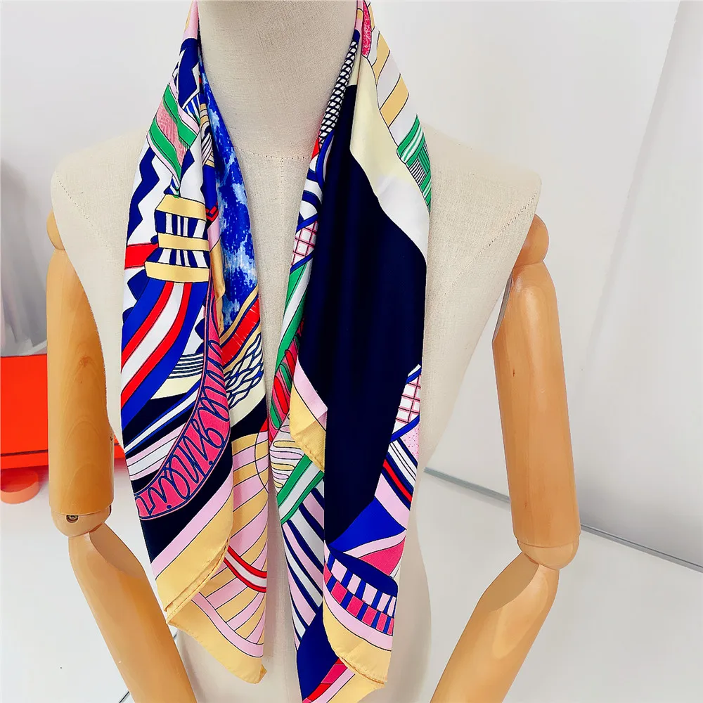 Saddle Print Twill Silk Scarf Women 90CM Square Scarves Wraps Shawl Luxury Brand Hijabs Bandana Handmade Curled Silk Head Scarf