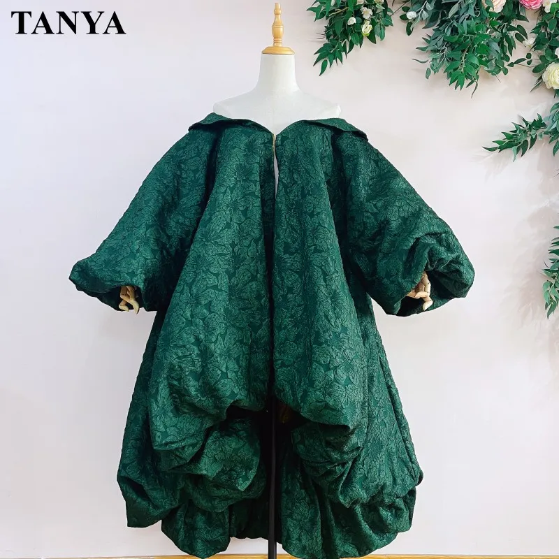 Green And Gold Jacquard Fashion Women Cape Full Puffy Sleeves High Low New Lady Outfit Coat Long Jacket