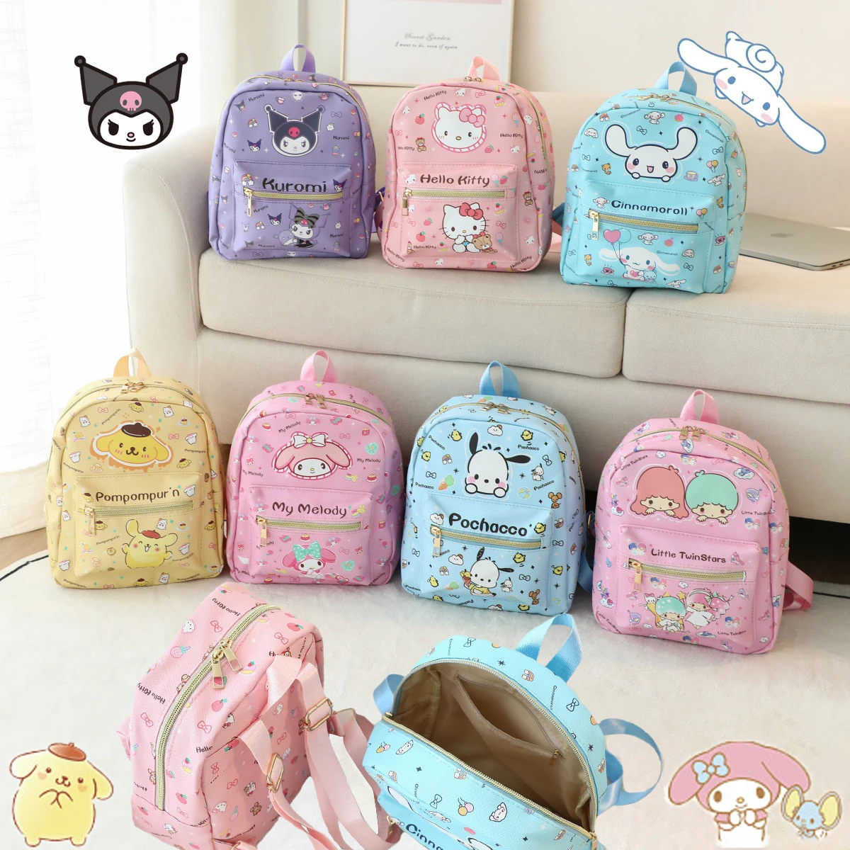 

Sanrios Cinnamoroll Kuromi Mymelody kawaii Anime PU Backpacks Cartoon Travel Rucksack Kids Bookbag Student Bag Birthday Present