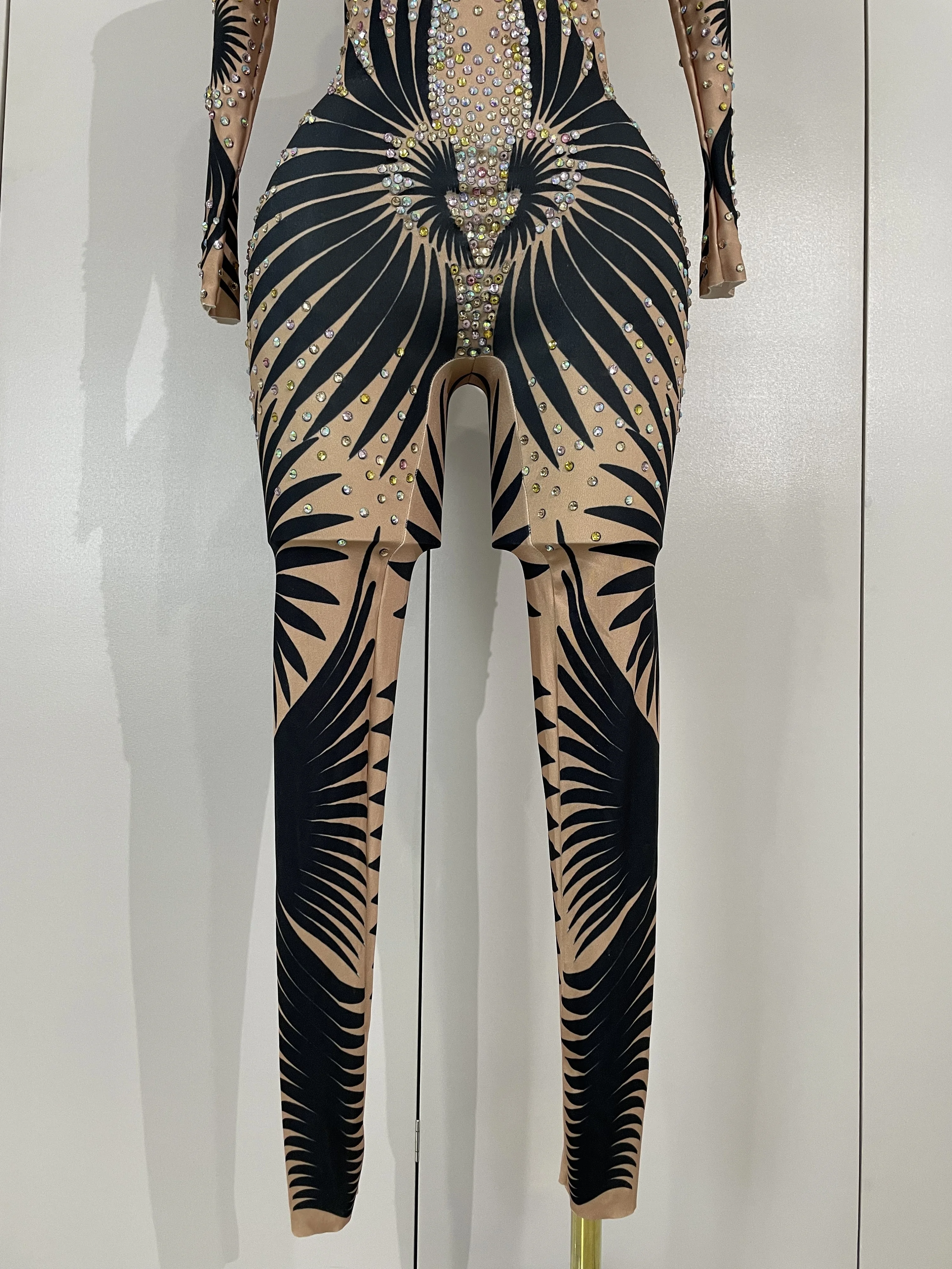 반짝이는 라인스톤 프린트 섹시한 긴 소매 스트레치 점프수트 여성 이브닝 파티 나이트클럽 드래그 퀸 쇼 무대 공연 롬퍼