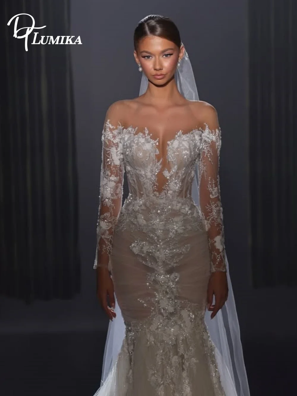 Ethereal Off The Shoulder Wedding Dress  Long  Lace Sleeves 3D Floral Appliques Beaded Bridal Gown Customized Vestidos De Novia