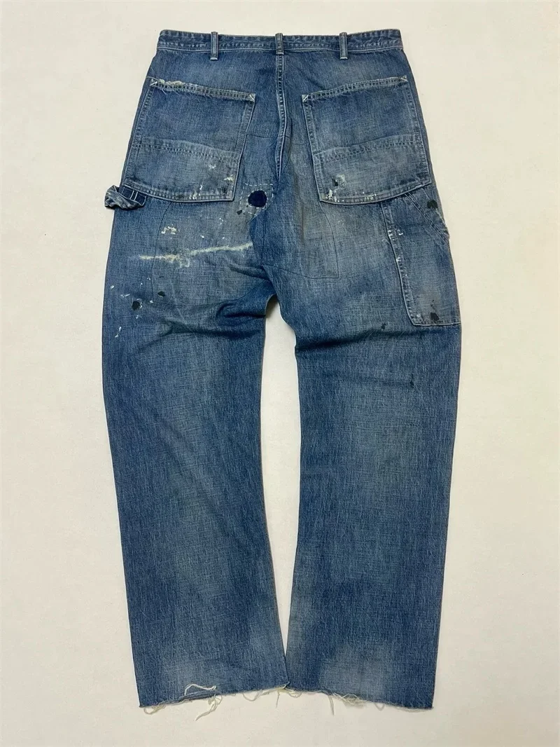 25ss Washed Blue SAINT MICHAEL Jeans Men Women 1:1 Top Quality Splashing Ink Through Holes Oversized Jeans