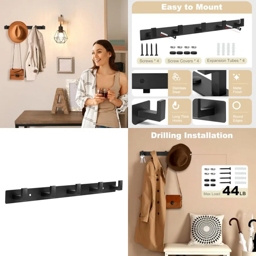 

Heavy duty wall mount metal coat rack with 5 hooks for hallway entryway bedroom bathroom durable black finish ideal for organiz