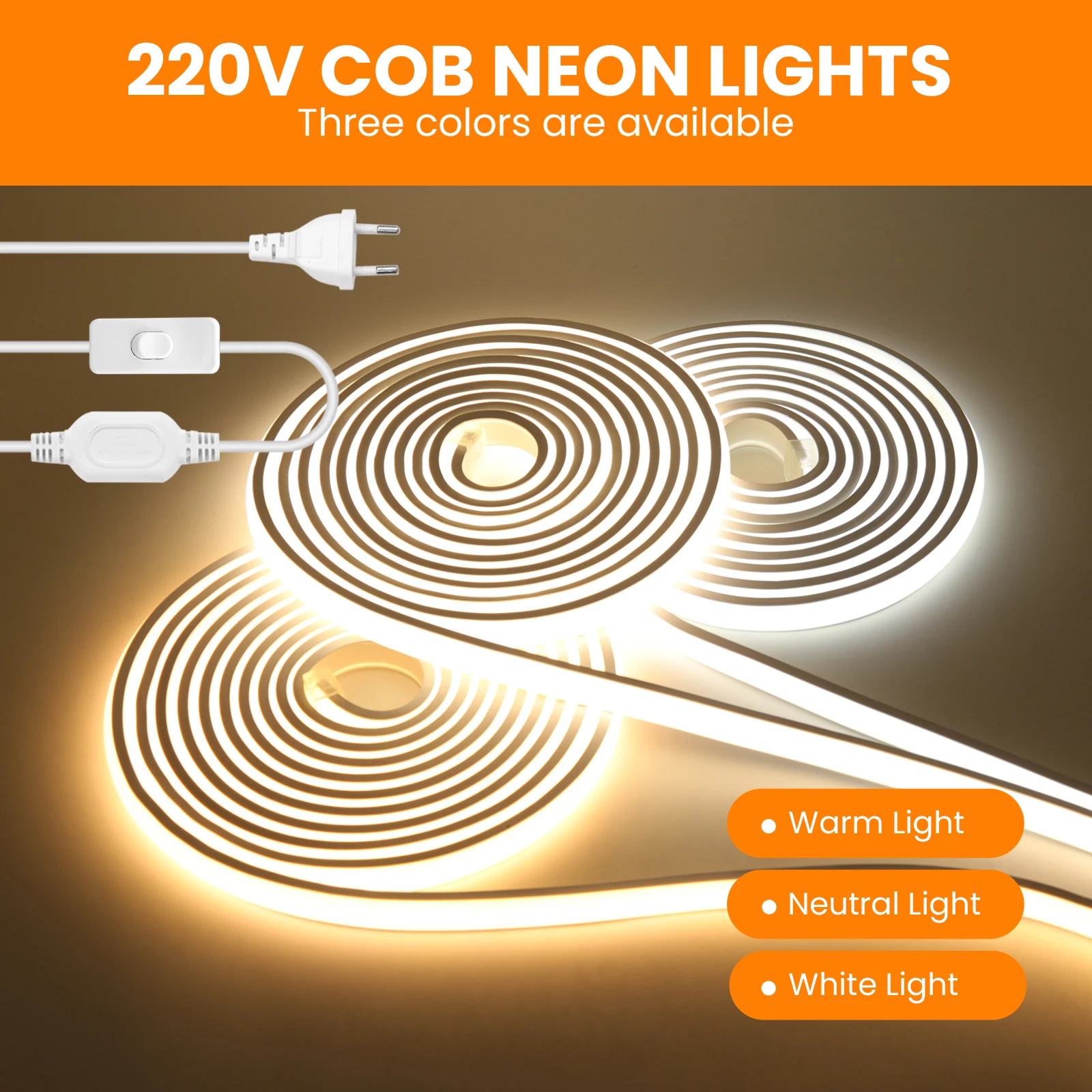 

COB Strip Light 220V Dimmable 288LEDs/m EU Plug Waterproof Tira Led COB Strip Flexible Tape 3000K 4000K 6000K For Decor Lighting