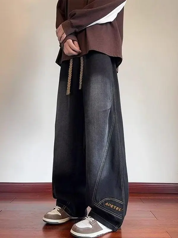

American High Street Embroidered Jeans Men's Autumn Winter Loose Trendy Straight Leg Wide Leg Long Pants Casual Slim Fit