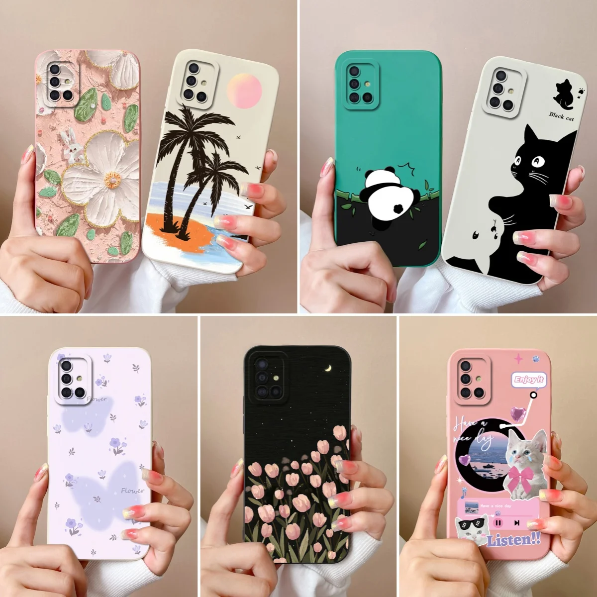 Case For Samsung A51 A71 A31 Back Cover For Samsung A 51 71 31 Camera Protection Soft Liqiud Silicone Black Cat Phone Cases Capa