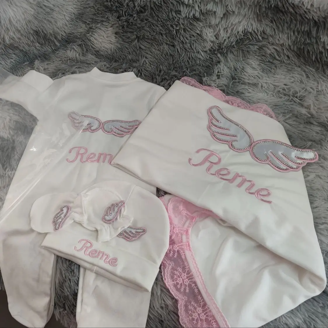 6PCS Personalized Angel Wing Newborn Layette Set Premium Pink Lace Baby Outfit + Custom Name Embroidered