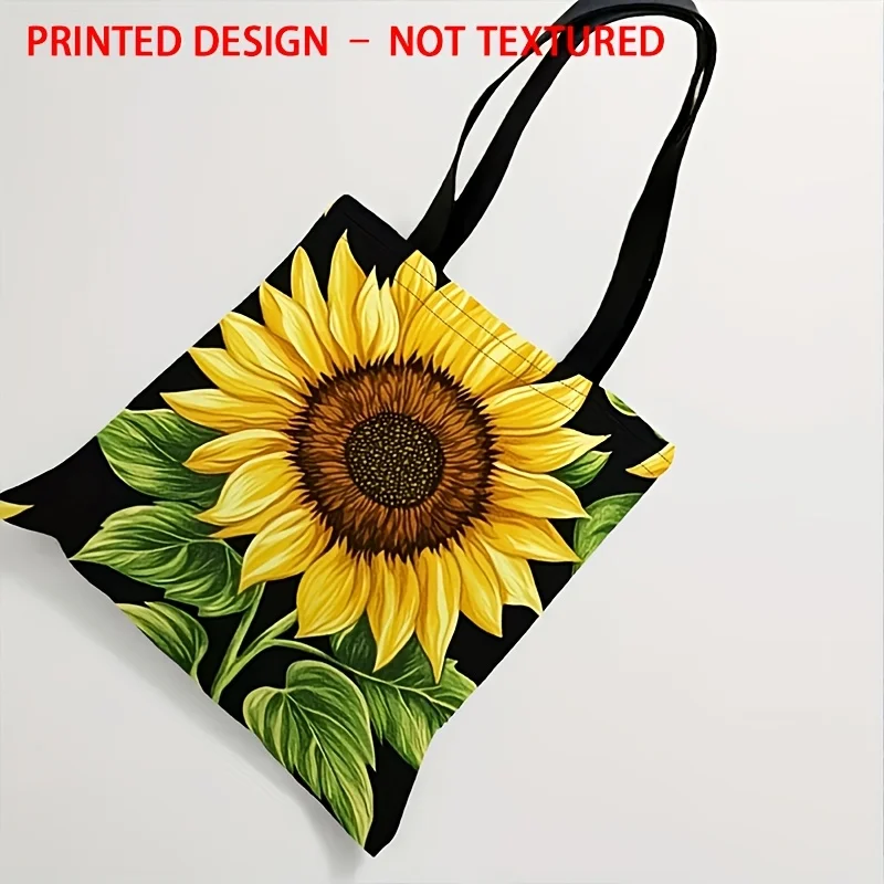 Printed Design 1pc Large-Capacity Black Tote Bag with Sunflower Print, Reusable Shopping Bag Suitable for Shopping / Daily Use