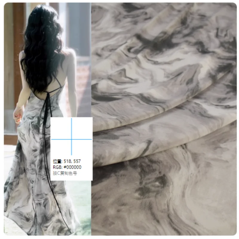 Chinese Wind Senior Feeling Water Ink Abstract Smudge Print Chiffon Fabric for Dress, Cheongsam Han Cloth, Sewing Tissue T2060
