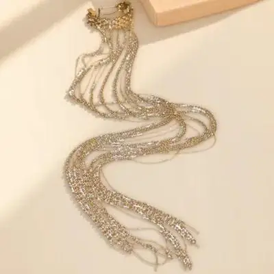 1pc Cuff Long Chain Tassel Clip Bling Accessories For Women Gold Hair Chain Sparkly Ponytail Holder Tassel Ponytail Clip Hair