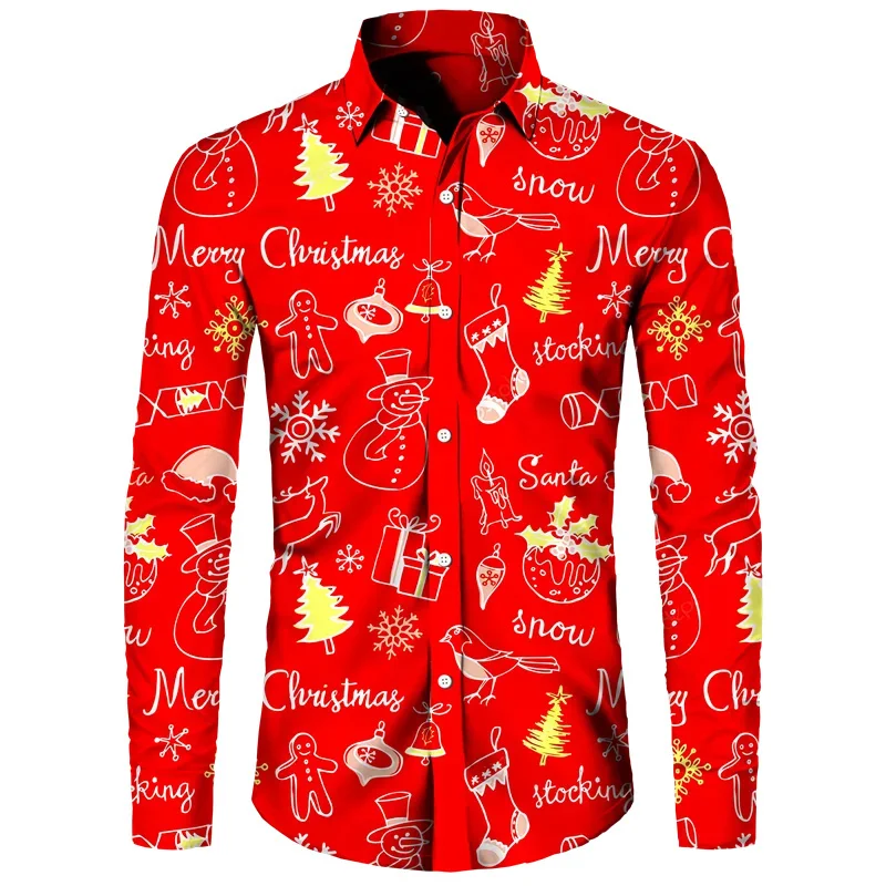 2024 New Year Christmas Shirt for Men Christmas Red Printed Long Sleeve Lapel Shirt Casual Party Button Lapel Top Festive Outfit